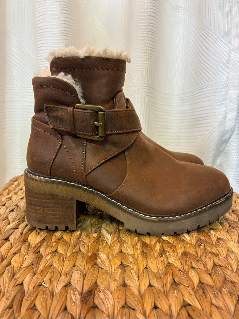 Crown Vintage Jolie Brown Faux-Suede Shearling-Trim Block Heel Ankle Boots